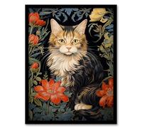 Artery8 Stylish Maine Coon Cat Flowers Floral Design Illustration William Morris Style Artwork Framed Wall Art Print A4