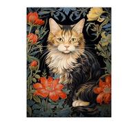Artery8 Stylish Maine Coon Cat Flowers Floral Design Illustration William Morris Style Large Wall Art Poster Print Thick Paper 18X24 Inch