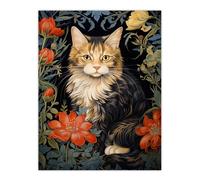 Artery8 Stylish Maine Coon Cat Flowers Floral Design Illustration William Morris Style Unframed Wall Art Print Poster Home Decor Premium