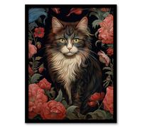 Artery8 Stylish Maine Coon Cat In Pink Flower Garden Floral Design Illustration Artwork Art Print Framed Poster Wall Decor | Size: W12" x H16" Artery8 Black W12" x H16"