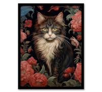 Artery8 Stylish Maine Coon Cat In Pink Flower Garden Floral Design Illustration Artwork Framed Wall Art Print A4