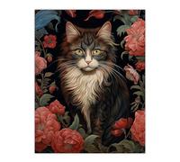 Artery8 Stylish Maine Coon Cat In Pink Flower Garden Floral Design Illustration Artwork Large Wall Art Poster Print Thick Paper 18X24 Inch