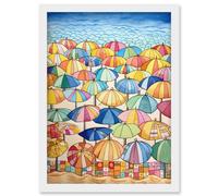 Artery8 Summer At The Seaside With Colourful Beach Umbrellas On The Sand Watercolour Painting Artwork Framed Wall Art Print A4 in White Artery8 White