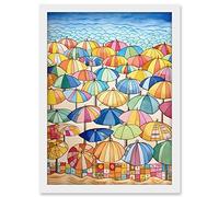 Artery8 Summer At The Seaside With Colourful Beach Umbrellas On The Sand Watercolour Painting Artwork Framed A3 Wall Art Print