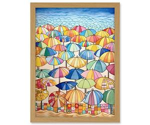 Artery8 Summer At The Seaside With Colourful Beach Umbrellas On The Sand Watercolour Painting Artwork Framed A3 Wall Art Print