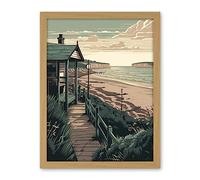 Artery8 Summer Beach House Coastal Landscape Illustration Artwork Framed Wall Art Print 18X24 Inch