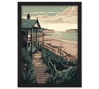 Artery8 Summer Beach House Coastal Landscape Illustration Artwork Framed Wall Art Print A4