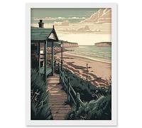 Artery8 Summer Beach House Coastal Landscape Illustration Artwork Framed Wall Art Print A4