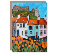 Artery8 Greeting Card Summer Day in English Town Tulips Colourful Blank For Him Or Her Art Birthday Card