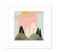 Artery8 Summer Landscape Sunny Abstract Boho Pastel Pink Blue Watercolour Painting Square Wooden Framed Wall Art Print Picture 8X8 Inch in White Artery8 White