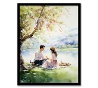Artery8 Summer Romance Watercolour Painting Picnic By The Lake Under A Cherry Blossom Tree Bedroom Art Artwork Framed Wall Art Print A4