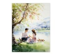 Artery8 Summer Romance Watercolour Painting Picnic By The Lake Under A Cherry Blossom Tree Bedroom Art Extra Large XL Wall Art Poster Print