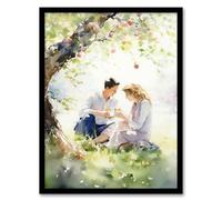 Artery8 Summer Romance Watercolour Painting Picnic Under Apple Blossom Tree Bedroom Art Artwork Framed Wall Art Print 18X24 Inch