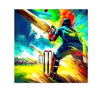 Artery8 Summer Sky Cricket Vibrant Batsman Wicket Bowled Oil Painting Large Wall Art Poster Print Thick Paper 24X24 Inch
