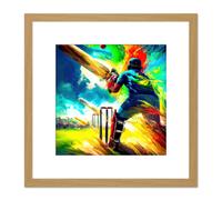 Artery8 Summer Sky Cricket Vibrant Batsman Wicket Bowled Oil Painting Square Wooden Framed Wall Art Print Picture 8X8 Inch in Light Oak Artery8 Light Oak