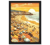 Artery8 Summer Sunset at Busy Sandy Promenade Beach Artwork Framed Wall Art Print A4 in Black Artery8 Black