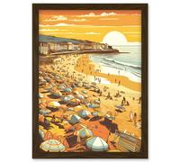 Artery8 Summer Sunset at Busy Sandy Promenade Beach Artwork Framed Wall Art Print A4 in Brown Artery8 Brown