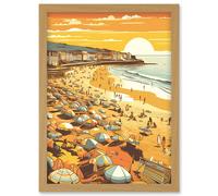 Artery8 Summer Sunset at Busy Sandy Promenade Beach Artwork Framed Wall Art Print A4 in Light Oak Artery8 Light Oak