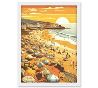 Artery8 Summer Sunset at Busy Sandy Promenade Beach Artwork Framed Wall Art Print A4 in White Artery8 White