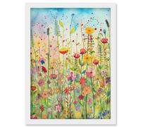 Artery8 Summer Wild Flower Blossom Meadow Folk Art Artwork Framed Wall Art Print A4 in White Artery8 White