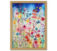 Summer Wildflower Meadow Folk Art Artwork Framed Wall Art Print A4 Artery8 Light Oak One Size