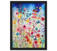 Summer Wildflower Meadow Folk Art Artwork Framed Wall Art Print A4 Artery8 Black One Size
