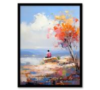 Artery8 Summit Viewpoint with Lone Autumn Tree Oil Painting Orange Pink Blue Taking in the Serene Mountain Landscape Artwork Framed Wall Art Print A4
