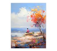 Artery8 Summit Viewpoint with Lone Autumn Tree Oil Painting Orange Pink Blue Taking in the Serene Mountain Landscape Extra Large XL Wall Art Poster Print