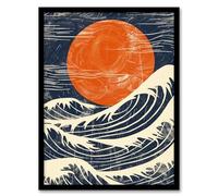 Artery8 Sun and Waves Japanese Style Orange Blue Seascape Living Room Bathroom Artwork Framed Wall Art Print 18X24 Inch