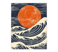 Artery8 Sun and Waves Japanese Style Orange Blue Seascape Living Room Bathroom Large Wall Art Poster Print Thick Paper 18X24 Inch