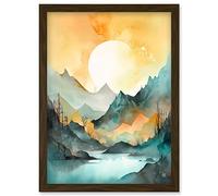 Artery8 Sun Rising Over Mountain Lakeside Landscape Modern Pastel Teal and Orange Watercolour Painting Artwork Framed Wall Art Print A4