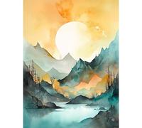 Artery8 Sun Rising Over Mountain Lakeside Landscape Modern Pastel Teal and Orange Watercolour Painting Unframed Wall Art Print Poster Home Decor Premium