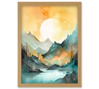 Artery8 Sun Rising Over Mountain Lakeside Landscape Modern Pastel Teal and Orange Watercolour Painting Artwork Framed Wall Art Print A4