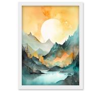 Sun Rising Over Mountain Lakeside Landscape Modern Pastel Teal and Orange Watercolour Painting Artwork Framed Wall Art Print A4 Artery8 White One Size