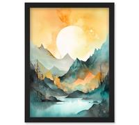 Artery8 Sun Rising Over Mountain Lakeside Landscape Modern Pastel Teal & Orange Watercolour Painting Artwork Framed Wall Art Print A4 in Black Artery8 Black