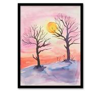 Sun Rising Over Two Winter Trees Snow Landscape Framed Art Print Artery8 Pink A4