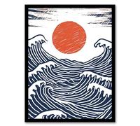 Artery8 Sun with Sea Waves Orange Blue Seascape Painting Living Room Bathroom Artwork Framed Wall Art Print A4