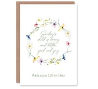 Artery8 Sunday's Child is Bonnie & Blithe Floral Wreath New Baby Card in White Artery8 White