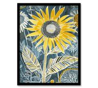 Artery8 Sunflower Blue Yellow Inverted Line Quirky Art Framed Art Print | Size: A4 Artery8 Yellow A4