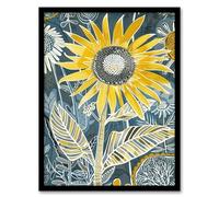 Artery8 Sunflower Blue Yellow Inverted Line Quirky Art Living Room Artwork Framed Wall Art Print A4
