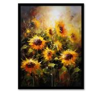 Artery8 Sunflower Field Vibrant Oil Painting Yellow Orange Green Large Flower Summer Blooms Nature Colourful Bright Floral Modern Artwork Artwork Framed Wall Art Print A4