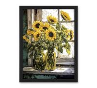 Artery8 Sunflowers Still Life Watercolour Painting Yellow Flowers Farmhouse Window Sill Artwork Framed Wall Art Print 18X24 Inch