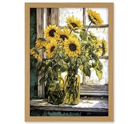 Artery8 Sunflowers Still Life Watercolour Painting Yellow Flowers Farmhouse Window Sill Artwork Framed A3 Wall Art Print