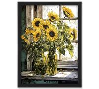 Artery8 Sunflowers Still Life Watercolour Painting Yellow Flowers Farmhouse Window Sill Artwork Framed A3 Wall Art Print