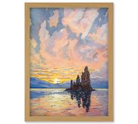 Artery8 Sunrise Atmospheric Clouds Over Mono Lake Mountain Lakeside Landscape Modern Watercolour Painting Artwork Framed Wall Art Print A4