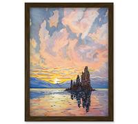 Sunrise Atmospheric Clouds Over Mono Lake Mountain Lakeside Landscape Modern Watercolour Painting Artwork Framed Wall Art Print A4 Artery8 Brown One Size