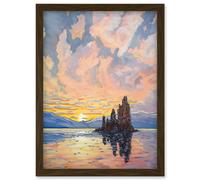 Sunrise Atmospheric Clouds Over Mono Lake Mountain Lakeside Landscape Modern Watercolour Painting Artwork Framed Wall Art Print A4 Artery8 Brown One Size