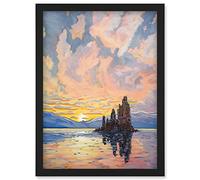 Sunrise Atmospheric Clouds Over Mono Lake Mountain Lakeside Landscape Modern Watercolour Painting Artwork Framed Wall Art Print A4 Artery8 Black One Size
