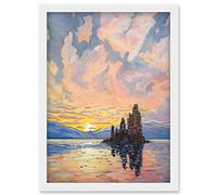 Artery8 Sunrise Atmospheric Clouds Over Mono Lake Mountain Lakeside Landscape Modern Watercolour Painting Artwork Framed Wall Art Print A4