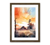 Artery8 Sunrise Clouds over Countryside Farmhouse Cabin with Old Windmill Tower Modern Watercolour Painting Artwork Framed Wall Art Print 18X24 Inch